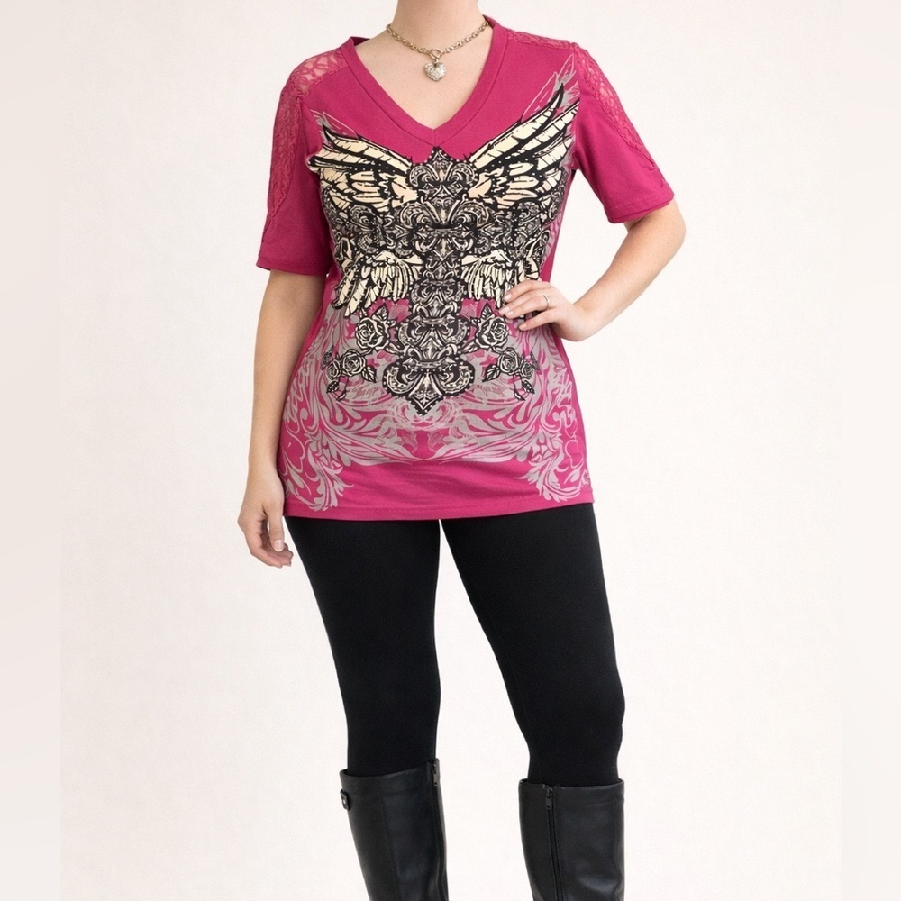 Bus Stop Women’s Lace Short Sleeve Pink Bling Tee!